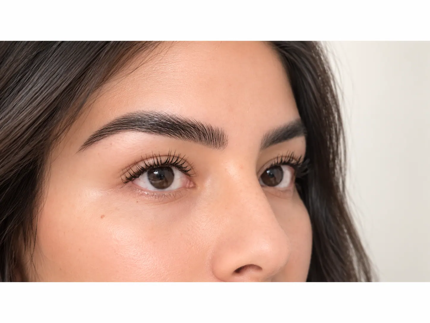 Close-up of a laminated brow brushed into a full, defined shape